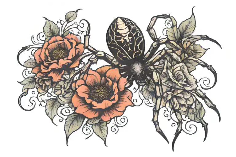 Spider Grandmother With Black Dahlia Flowers On Either Side