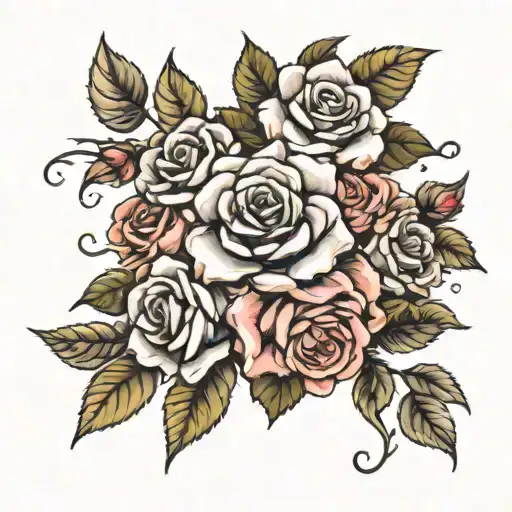 Rose Bush With 4 Falling Leaves And 4 Roses