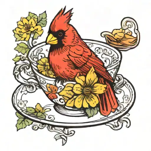 Cardinal On Top Of Teacup With Marigold Flower