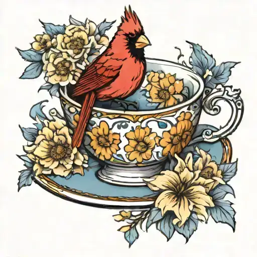 Cardinal On Top Of Teacup With Marigold Flowers And Blue Morning Glorie Flowers