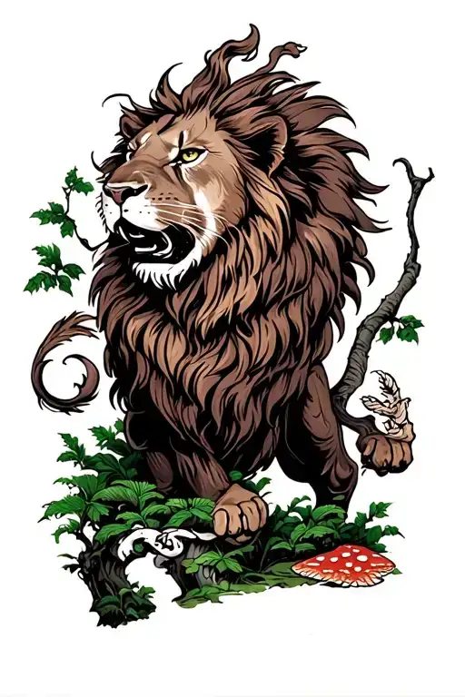 Lion Facing Left Running In A Green Forest With Mushrroms Legs More Visible