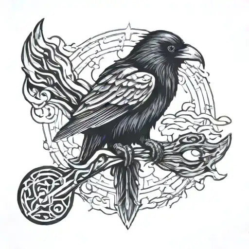 Raven And Axe Surrounded By Northern Ligths