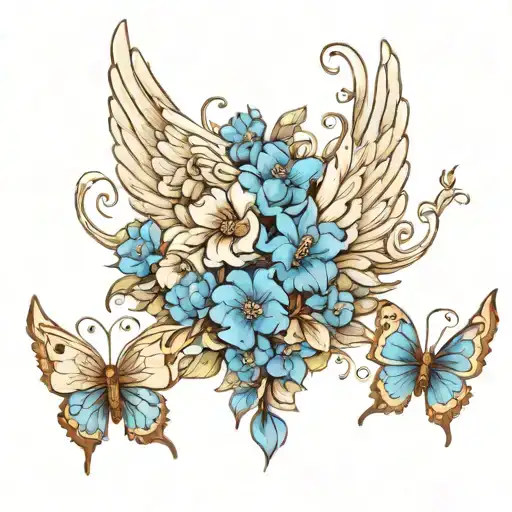 Angel Wings With Blue Flowers Butterflies Flying