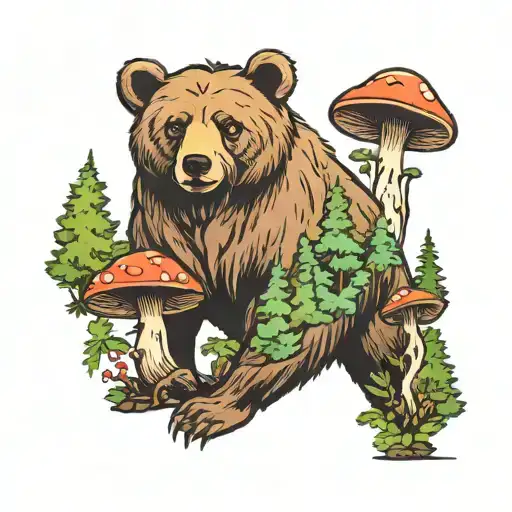 2 Small 2 Big Bear In The Forest With Mushrooms Growing