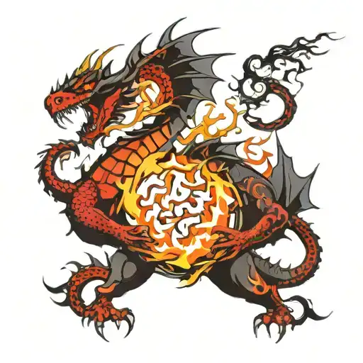 Fire Breathing Dragon Destroying The Devil Protecting The Knight