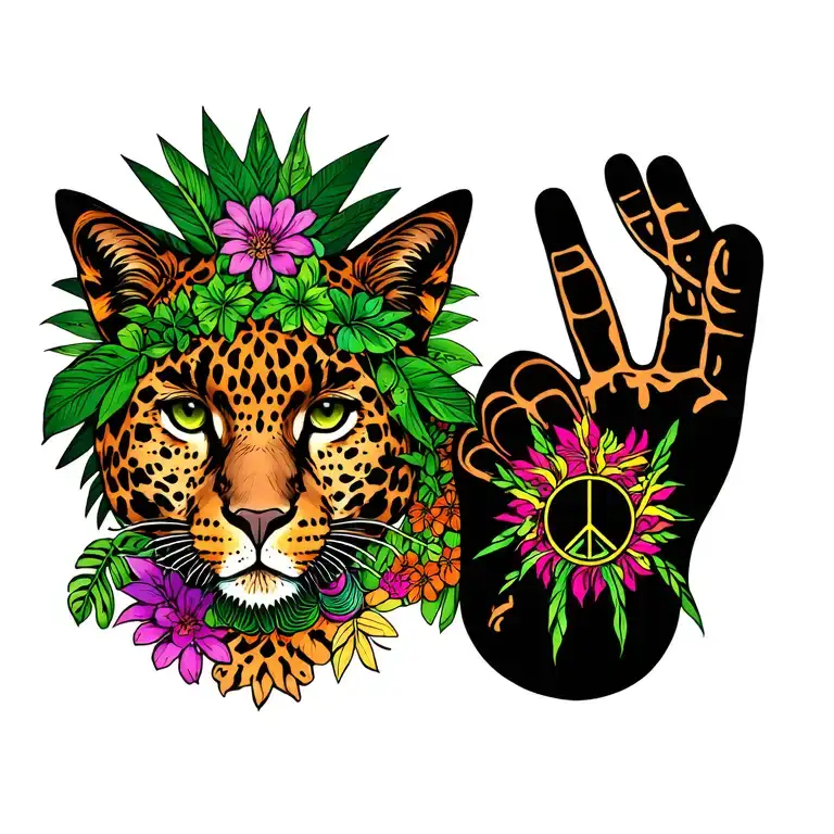 Peace Sign And Ayahuasca Leopard With Tropical Theme