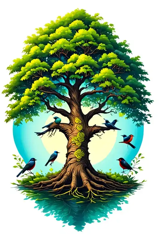 Tree Of Life With Birds Large Trunk And Canopy Small Birds