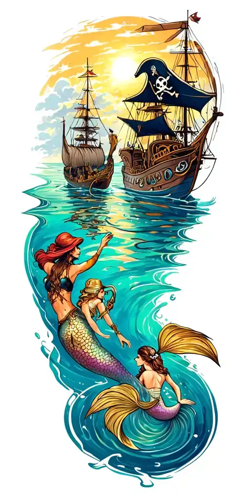 Full Sleeve With Pirates And A Lagoon Looking Down Perspective With Mermaids In The Water