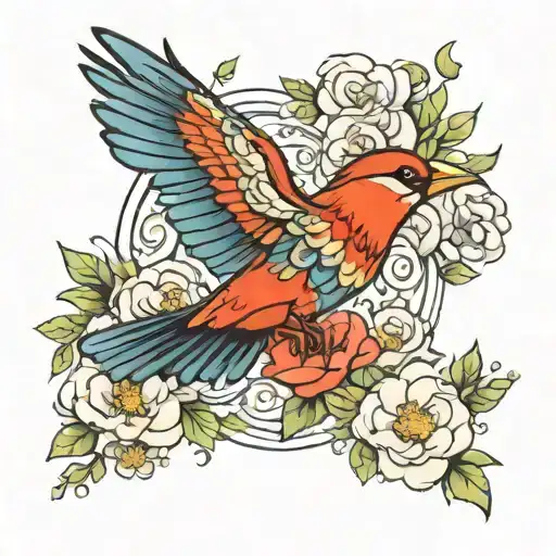 Bird Flying Among Flowers