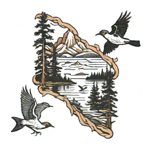 Sister Mountain Pei Trees Water Birds