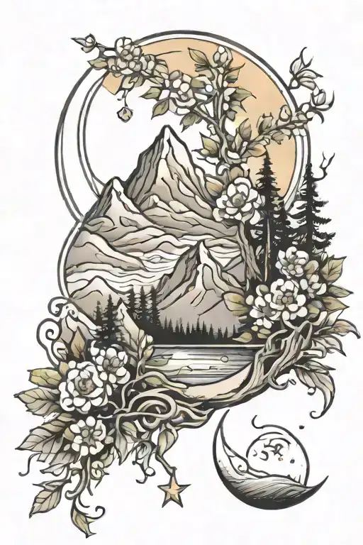 Mountains Trees Flowers Sun Moon