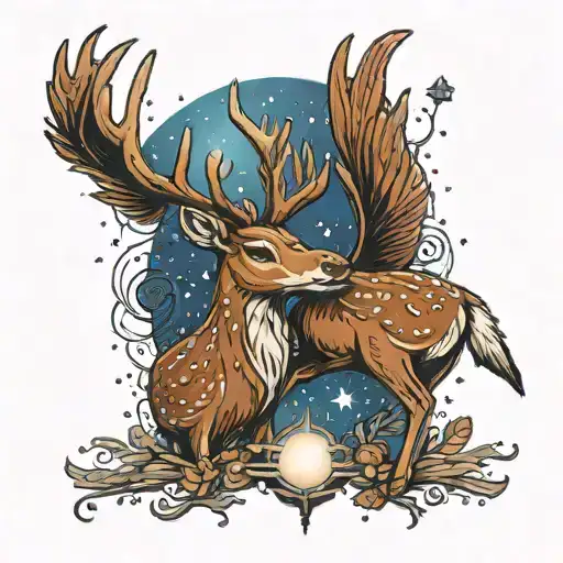 A Whimsical Tattoo Of A Deer And A Whippoorwill Sharing A Peaceful Moment Under A Starlit Sky