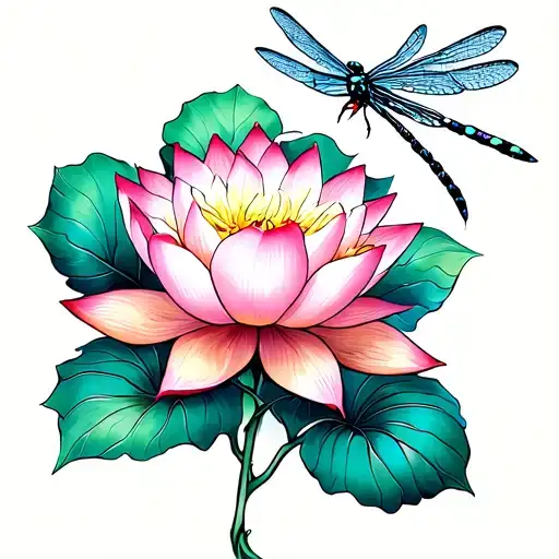 Lotus With Dragonfly Hovering