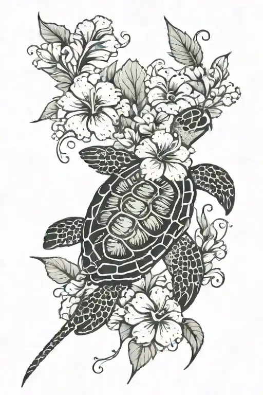 Sea Turtle And Hibiscus Flower