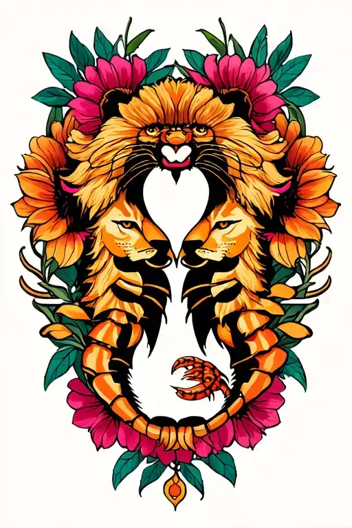 Combine Zodiac Signs Scorpio And Leo Surrounded By Leo Zodiac Flower And Scorpio Zodiac Flower