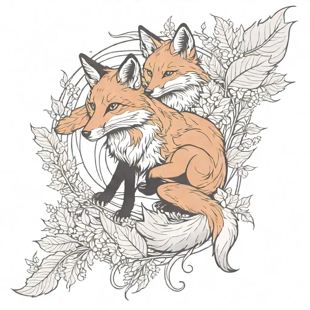 Neotraditional Fox With Falling Leafes Strong Lines Grayscale