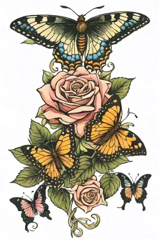 Rose And Honeysuckle Flower With Butterfly