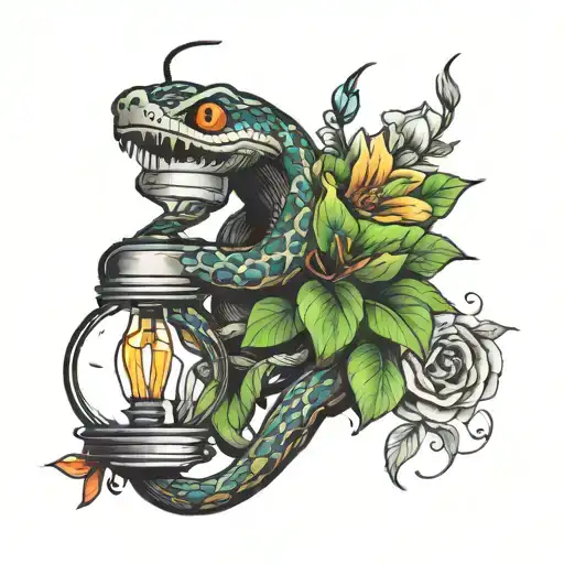Snake Wrapped Around Broken Lightbulb Contains Flowers
