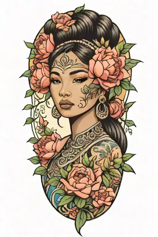 Cambodian Woman With Peonies Roses And Larkspur Flowers