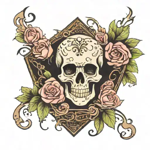 Traditional Skull Inside Coffin With Roses
