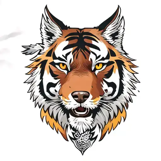 Half Tiger Face With Half Wolf Face On Upper Side Eagle Flying