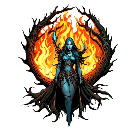 Sylvanas Windrunner With Burning Yygdrasil Tree Behind Her
