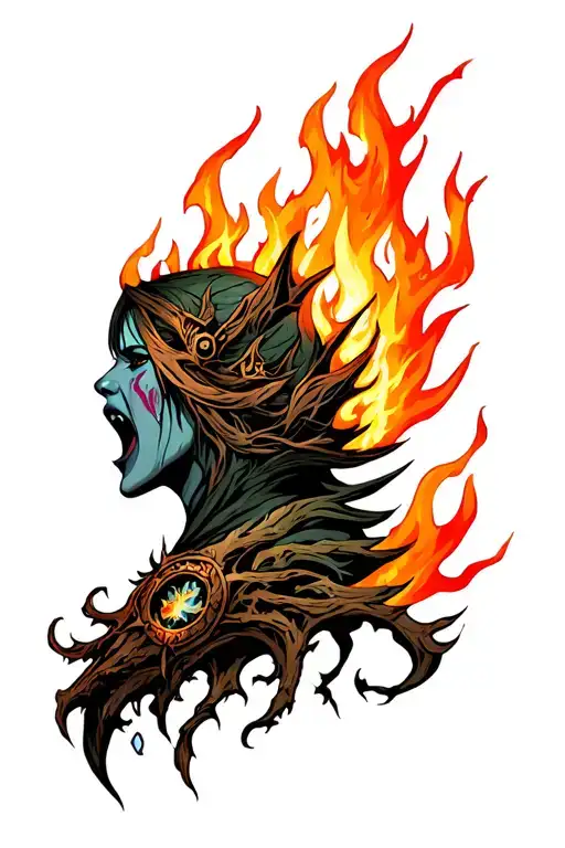 Sylvanas Windrunner Head Profile Screaming With Burning Yygdrasil Tree Burning Behind Her