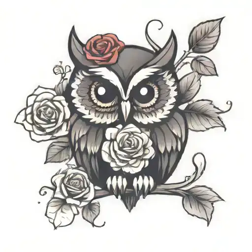 Cute Dark Owl With 3 Roses In Cluster Shaped Like A Heart