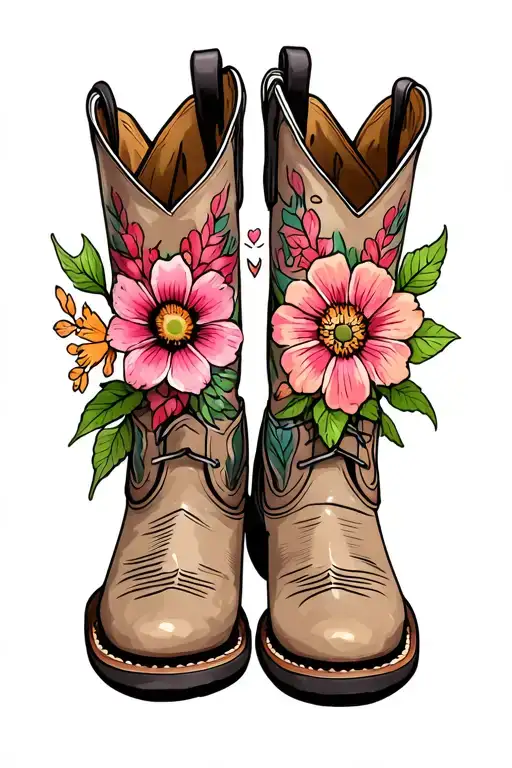Cowgirl Boots With Birth Flower Stems Coming From Tops Of Boots For April March April June November