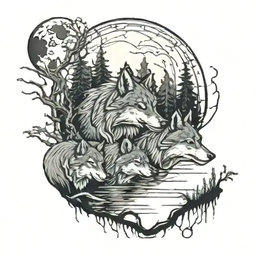A Wolf Family Drinking Water From A Lake In The Middle Of A Forest As The Full Moon Rises In The Sky
