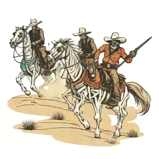 Three Skeleton Cowboys On Horses In The Dessert Behind Three Grave Stones