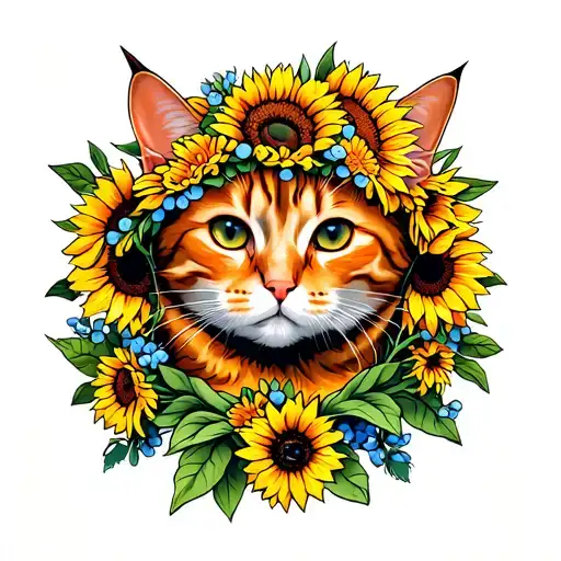 Orange Tabby With Sunflower And Flowers Crown Surrounded