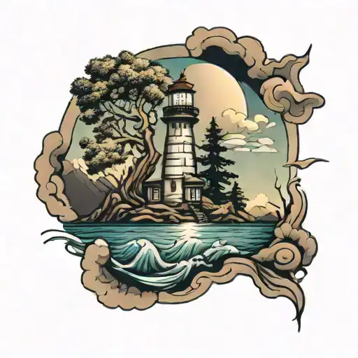 Oak Tree Light House Water Mountains