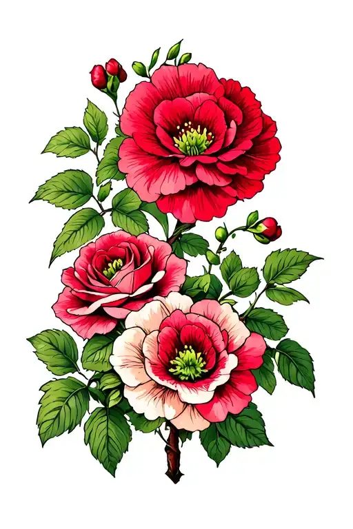 A Mix Of Garden Geraniums With A Hawthorne Tree And Roses