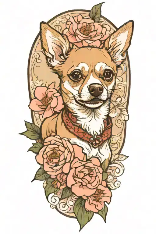 Chihuahua Mix Dog With Medium Size Floppy Pointing Down Ears With Peonies Around