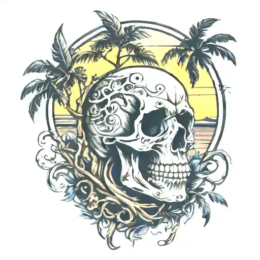 Skull And Plam Tree Wih Sunset
