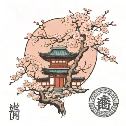 Cherry Blossom Tree And Japanese Temple