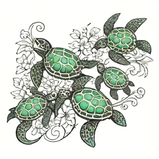Flower Vine With Small Sea Turtles All The Way