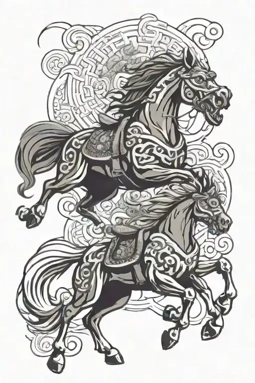 Chinese Horse Jumping Guarded By Fu Dog