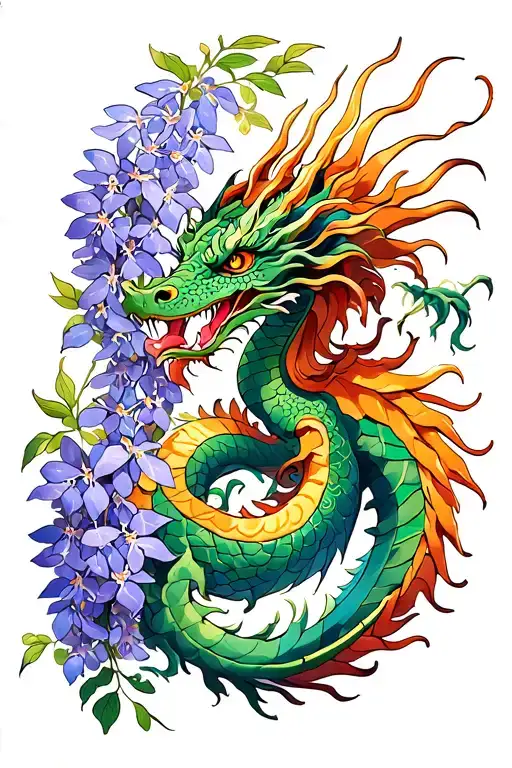 Dragon And Wisteria Flowers Entangled
