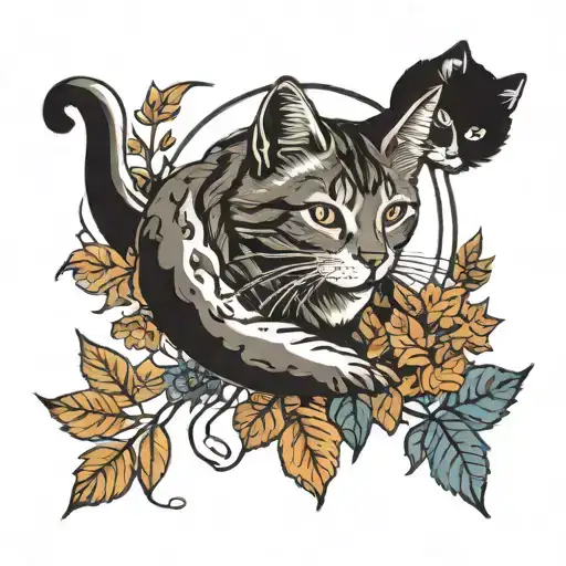 Moon With Cats Sitting Leafs And Pawprints