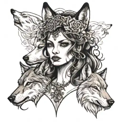 I Want A Face Of A Woman With A Wolf On Her Head Tattoo Holding