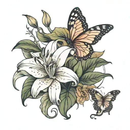 Large Sleeve Lily Flower With Ash Leaves At The End With A Butterfly And A Angel Closing Their Eyes