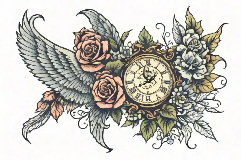 Winged Clockc With Nature And Roses And Flowers