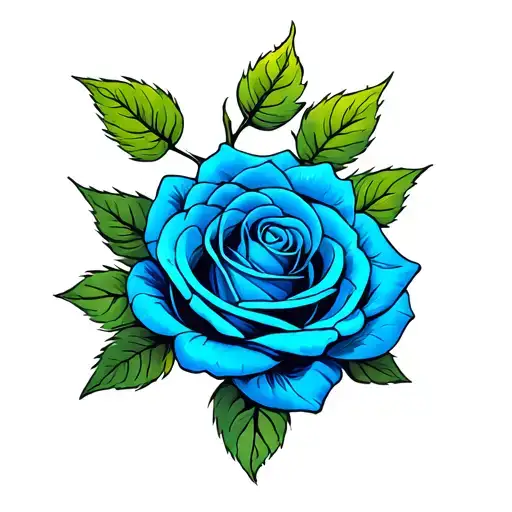 Blue Detailed Rose With Soft Shading And Green Leafs