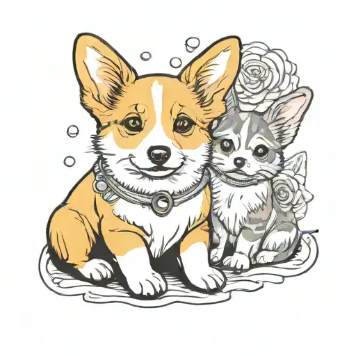 A Yellow And White Corgi Dog And A Girl Infant