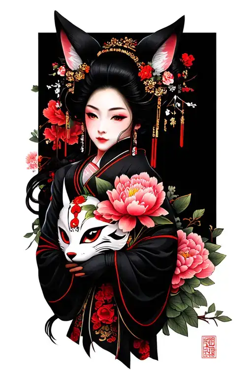 Geisha Holding A Kitsune Mask With Peony Flower