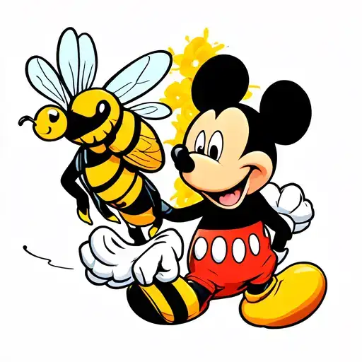 Mickey Mouse Holding Dumbos Hand With A Bee Buzzing Around