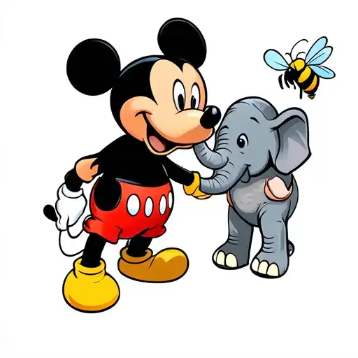 Mickey Mouse And An Elephant Holding Hands With A Bee Buzzing Around