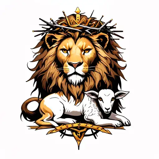 Lion With Crown Of Thorns And A Lamb Underneath The Lion
